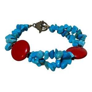 Handmade Turquoise & Red Howlite Bracelet 8"